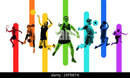 Monochrom-Set mit männlichen und weiblichen Athleten in Bewegung, verschiedene Sportarten isoliert auf weißem Hintergrund spielen. Stockfoto