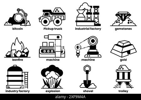 Das Bild ist eine Sammlung von Industrienikonen, darunter ein Lkw, eine Maschine, ein Gebäude und eine Schaufel Stock Vektor