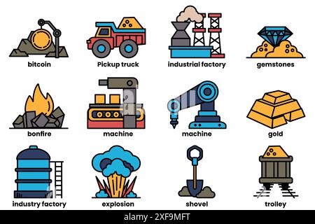 Das Bild ist eine Sammlung von Industrienikonen, darunter ein Lkw, eine Maschine, ein Gebäude und eine Schaufel Stock Vektor