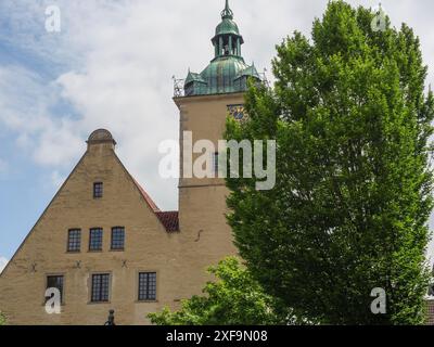 Alter Kirchturm neben einem grünen Baum unter leicht bewölktem Himmel, Steinfurt, Nordrhein-Westfalen, Deutschland Stockfoto