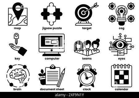 Eine Reihe von Symbolen für ein Computerprogramm. Zu den Symbolen gehören eine Tastatur, eine Maus, ein Monitor, eine Uhr, ein Kalender, ein Dokument, ein Gehirn, ein Bleistift, eine Hand, ein Stock Vektor