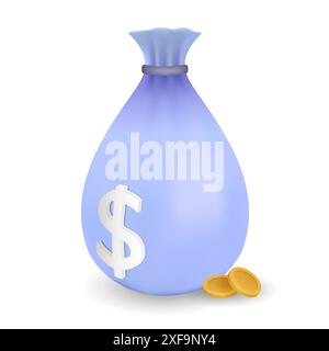 Vektor-3D-Rendering einer Tasche mit Geld und Goldmünzen isoliert vom Hintergrund. Realistische Illustration eines Schatzes in einer blauen Tasche. Kaution und Budget Stock Vektor