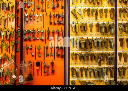 Schlüsselrohlinge werden in einem unabhängigen Shop für Heimwerker in Cornwall (Großbritannien) ausgestellt. Stockfoto