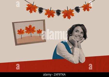 Trend Artwork Skizze Bild Foto Collage der Herbstsaison Wetterausbildung Schule Dame sitzen Tisch Hand halten Kopf Ahornblätter Stockfoto