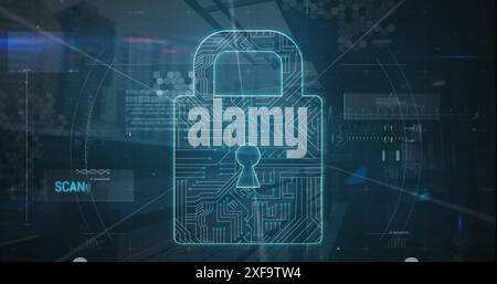 Abbildung: Scannen des Oszilloskops über das Symbol für das Sicherheitsschloss, das Netzwerk der Verbindungen und den qr-Code-Scanner Stockfoto