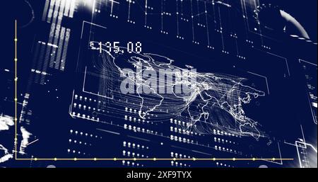 Bild der Zahlenänderung über Ladebalken, Karten und Kreisen vor abstraktem Hintergrund Stockfoto