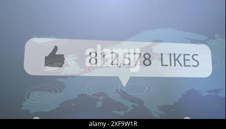 Bild eines Like-Symbols mit steigenden Zahlen auf einer Sprechblase im Vergleich zur us-Karte Stockfoto