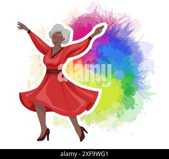 Vektor-flache Illustration der glücklichen schönen älteren afrikanischen Frau im roten Kleid auf Aquarellhintergrund. Fröhliche alte Dame tanzt in einem Kleid auf Regenbogen Stock Vektor