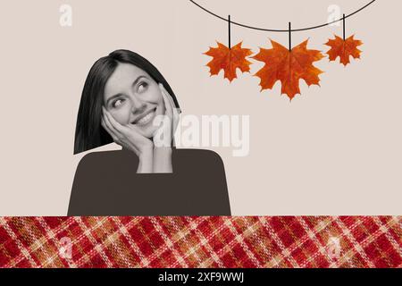 Trend Artwork Skizze Bild Foto Collage der Herbstsaison Wetterbildung Schule junge Frau sitzen Tisch Hand halten Kopf Ahornblätter Stockfoto