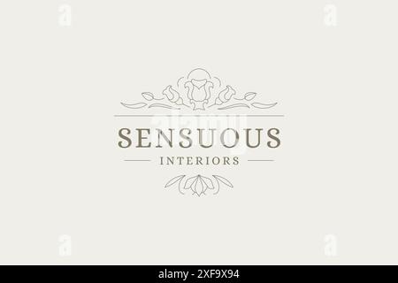 Natürliche Blume Luxus Chic Umriss Logo Monogramm Design Vorlage Vektor Illustration. Botanische Blüten und Blätter zeichnen sich durch ein minimalistisches Logo aus Stock Vektor