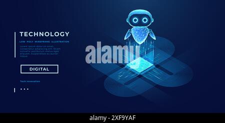 Der 3D-Vektor-AI-Roboter besteht aus Drahtmodellpolygonen und verbundenen Punkten Stock Vektor