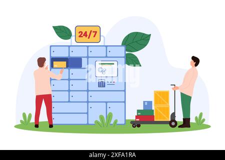 Zustellung von Paketen an automatisiertes Postfach der Selbstbedienung, Poststation Automat. Winzige Leute legen Pakete in die Postschließmaschine, tragen Kisten auf den Wagen, um Karikaturvektorillustration zu Terminal Stock Vektor