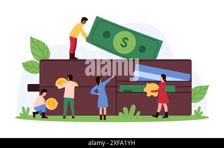 Geldeinsparungen und Gehaltseinnahmen, Zahlung von Guthaben, Einzahlung und Online-Cashback. Winzige Leute, die Münzen, Sparscheine und Dollarscheine halten, um in Ledertasche Cartoon Vektor Illustration zu setzen Stock Vektor