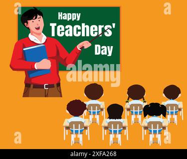 Alles Gute zum Lehrertag. Lehrer und Schüler im Klassenzimmer. Happy Teacher's Day Konzept Vektor Illustration Hintergrund. Stock Vektor