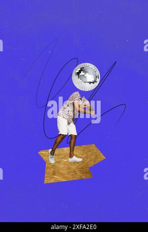 Composite Trend Artwork 3D Skizze Bild Collage von unbeschwerten Party Anlass junger Mann kopflose Disco Ball Retro statt funky Bewegung tanzen Stockfoto