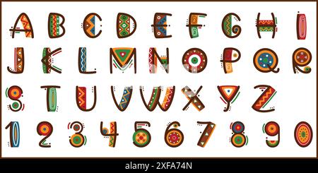 Afrikanisches ethnisches helles Vektor-Alphabet handgezeichnete grafische Schriftart ethnischer Alphabet im Stammesstil, afrikanische dekorative native Buchstaben und Zahlen Design Stock Vektor