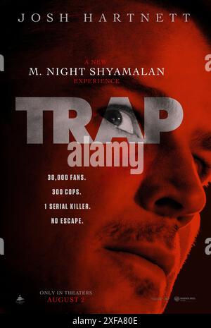 Trap (2024) von M. Night Shyamalan mit Josh Hartnett, Hayley Mills und Alison Pill. Ein Vater und seine Teenager-Tochter besuchen ein Popkonzert, nur um zu erkennen, dass sie in den Mittelpunkt eines dunklen und finsteren Ereignisses gekommen sind. US Advance Poster ***NUR FÜR REDAKTIONELLE ZWECKE***. Quelle: BFA / Warner Bros Stockfoto