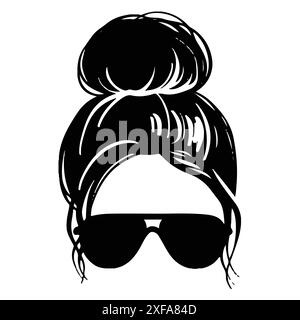 Dreckige Brötchen Brille Mädchen. Messy Bun Sonnenbrille auf weißem Hintergrund. Stock Vektor