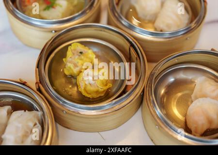 Shumai oder chinesische Dampferknödel in Dim Sum im Restaurant Stockfoto