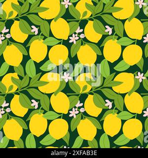 Nahtloses Zitronen-Muster. Wiederholte saftige saure Früchte. Gelbe ganze Zitrusfrüchte auf Zweigen mit Blättern und Blüten. Tropisches Design. Citron Niederlassungen. Exo Stock Vektor