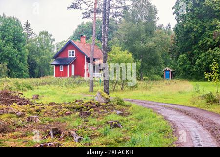 Waldweg zu einem roten Holzhaus im Wald Stockfoto