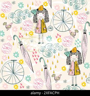Nahtloses Vintage-Muster mit Mädchen in leuchtenden Farben Stock Vektor