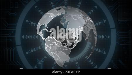 Bild einer sich drehenden Kugel über 6 g Text auf runden Scannern und Mikroprozessoranschlüssen Stockfoto