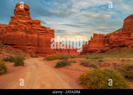 Blick auf den Charyn Canyon bei Sonnenuntergang. Südöstliches Kasachstan, Region Almaty. Stockfoto