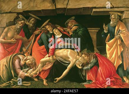 Die Klage über den toten Christus ist ein Gemälde des italienischen Renaissancemeisters Sandro Botticelli, das um 1490–1492 fertiggestellt wurde. Stockfoto