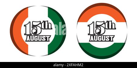 Gedenken Sie Indiens Unabhängigkeit mit diesen lebendigen Abzeichen! Mit den ikonischen Trikolore der indischen Flagge und dem auffälligen Text „15. August“ Stock Vektor