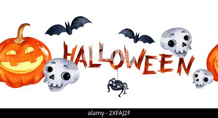 Aquarellrahmen des Halloween-Themas mit Kürbis, Spinne, Fledermäusen, süßen Schädeln, Turm und Schriftzug, handgezeichnete Zeichentrickgrafik vom Oktober Stockfoto