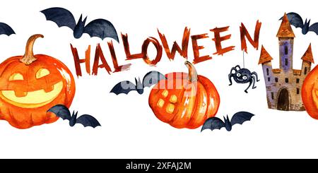 Aquarellrahmen des Halloween-Themas mit Kürbis, Spinne, Fledermäusen, Turm und Schriftzug, handgezeichnete Zeichentrickillustration der Oktoberevent-Isolat Stockfoto