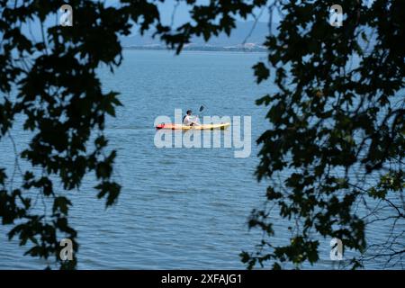 Gerahmtes Kanu von Baumzweigen: Ein junger Mann mit Paddel, der Sommerspaß genießt. Stockfoto