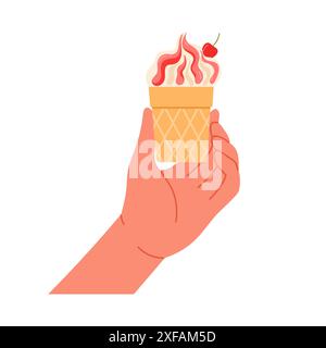 Hand halten Waffelbecher mit Vanille-Weicheis Swirl und rote Beerensauce Vektor-Illustration Stock Vektor