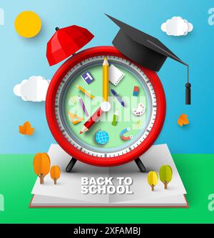 Zurück zur Schule Papercut Hintergrund mit Wecker und akademischem Hut Stock Vektor