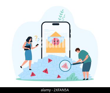 Überladung von Benachrichtigungen über eingehende E-Mails, Spam in der mobilen Inbox-App. Winzige Leute studieren mit Lupen Buchstaben von Spam-Stapel, die aus großen Smartphone-Karikaturvektor-Illustration fallen Stock Vektor