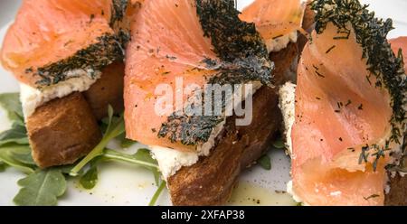 Kräuterlachslein auf Toast mit Frischkäse (Frühstück Gravlax offene Sandwiches) Rucola Zitronendrizzle (Dillkruste Fisch mit Kräutern) Toast Brot Stockfoto