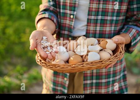 Nahaufnahme von Eierschale in Korbschale in Frauenhänden Stockfoto