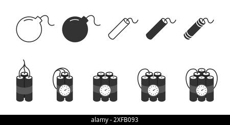 Dynamyte- und Bombensymbole. Bombe mit beleuchteter Sicherungsschildsammlung. Illustration des flachen Vektors. Stock Vektor