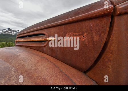 Ein alter, rostiger, alter Truck, eingebettet in die Wildnis mit Sommer-Bergkulisse. Stockfoto