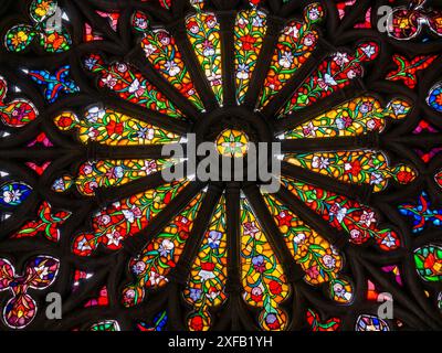 Innenfenster mit Buntglas-Rosen der Basilica of National Vote, Quito, Ecuador, Südamerika Stockfoto