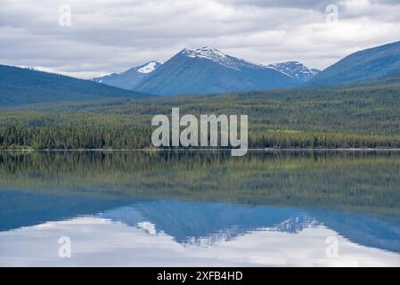 Atemberaubende kanadische Aussicht mit Wildnis Wald und See. Im Sommer auf der South Canol Road im Yukon-Territorium im Norden Kanadas. Stockfoto