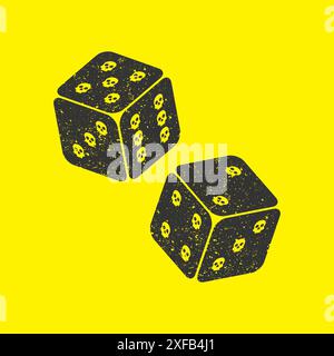 Ludo Würfel mit Schädeln markiert. Schmirgelstruktur. Isoliert auf gelbem Hintergrund. Illustration des flachen Vektors. Stock Vektor