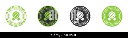 Symbolgruppe für Zertifizierungsausweis. Set von Häkchen-Badges mit Text. Illustration des flachen Vektors. Stock Vektor