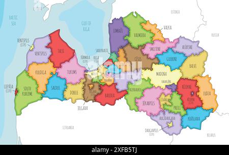 Vektor illustrierte Regionalkarte Lettlands mit Städten und Gemeinden sowie Verwaltungseinheiten sowie Nachbarländern und Territorien Stock Vektor