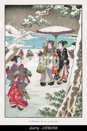 Illustration von Japanern, die im Winter in einem Park von Utagawa Kunisada spazieren gehen, erstellt 1857. Stockfoto