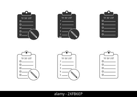 Symbolgruppe für das Papier der Aufgabenliste. Symbol „Checkliste“. Vektorabbildung. Stock Vektor