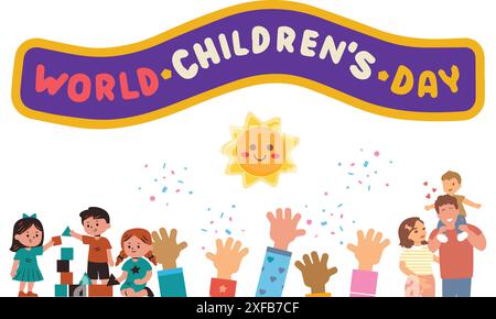 Weltkindertag auf weißem Hintergrund. Alles Gute Zum Kindertag. Farbenfrohe Karte zum Happy Children Day mit Kinderhänden. Stock Vektor