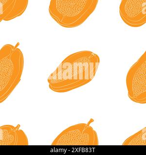 Nahtloses Papaya-Muster. Hintergrund: Orange. Lebensmitteldruck ideal zum Bedrucken von Stoffen, Geschenkpapier und Tapeten Stock Vektor