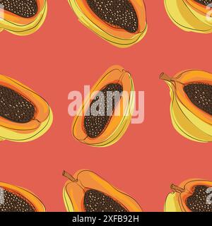 Nahtloses Papaya-Muster. Farbenfroher Hintergrund. Lebensmitteldruck ideal zum Bedrucken von Stoffen, Geschenkpapier und Tapeten Stock Vektor